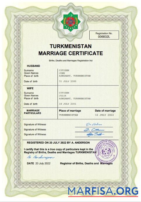Blank Turkmenistan marriage certificate Word and PDF template